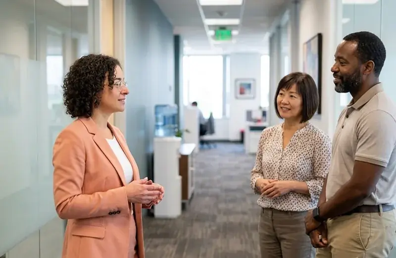 Two colleagues talking in an office hallway
